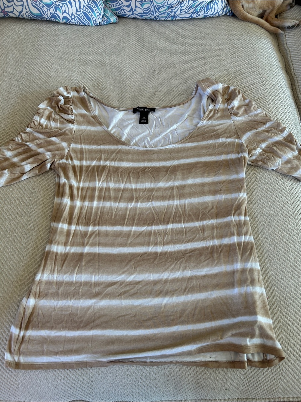 White House black market Tan and White Striped Scoop Neck Short Sleeve Top